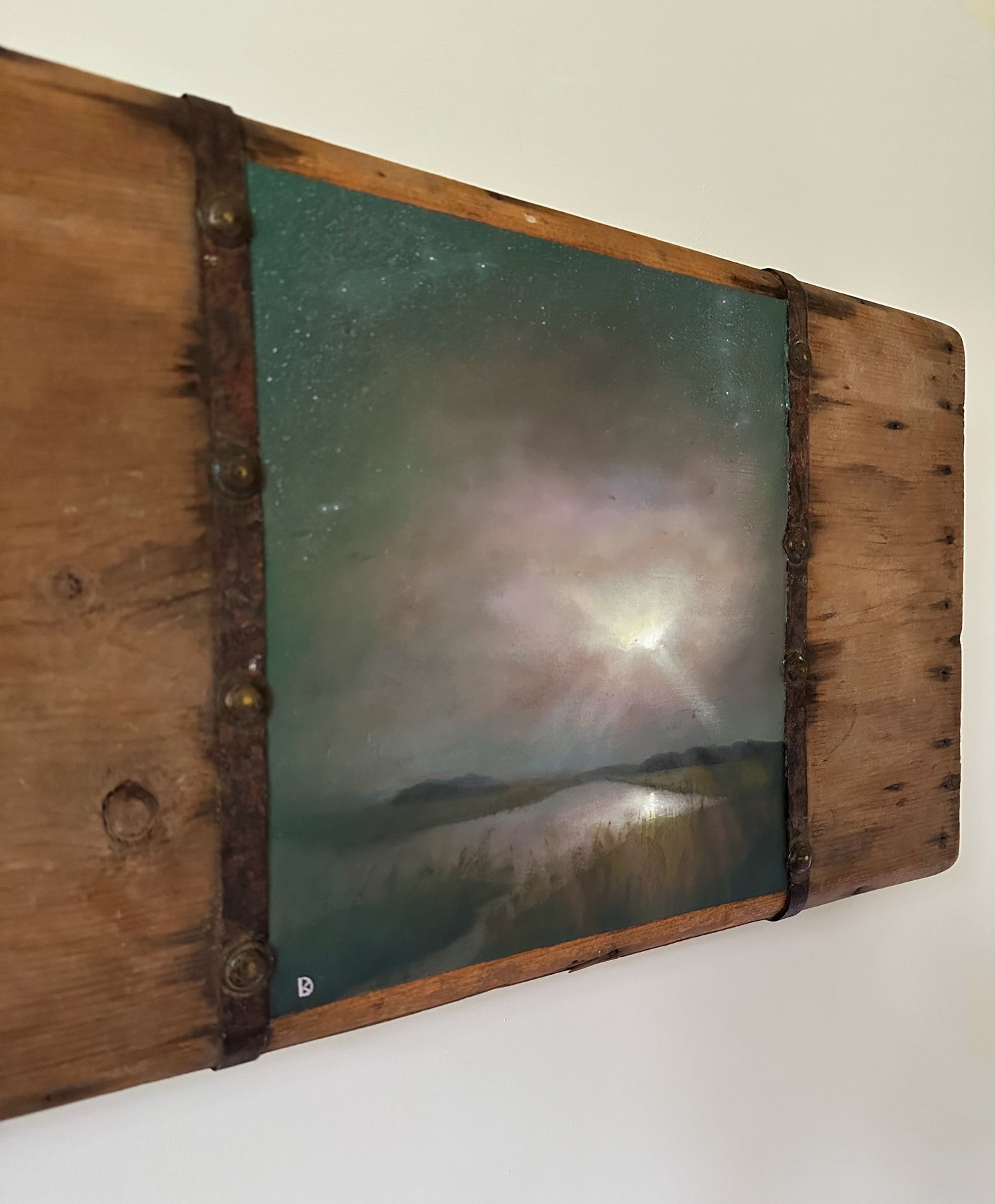 "Arduous Efforts" Oil Painting on Antique Salvage - 25" x 14"