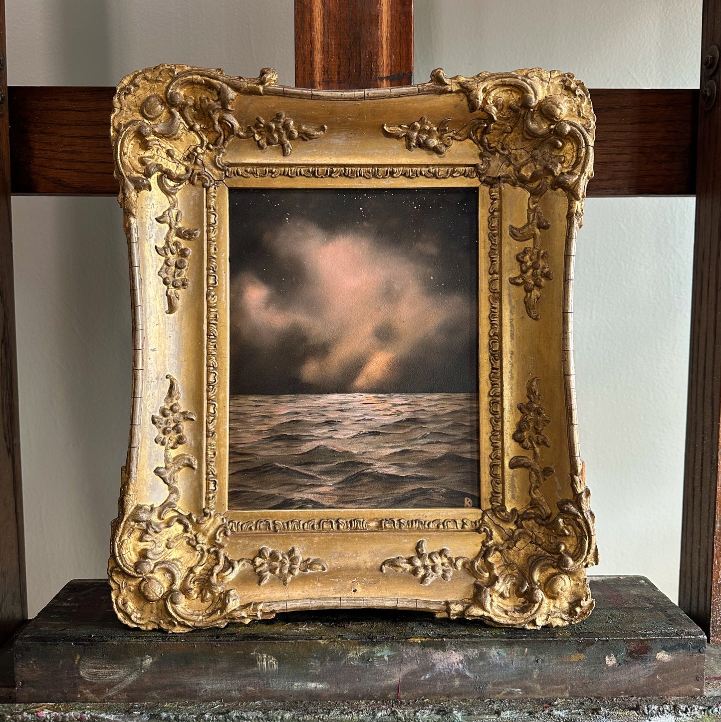 “Whisper to Her XI” Oil Painting in Antique French Frame - 14.25" x 12"
