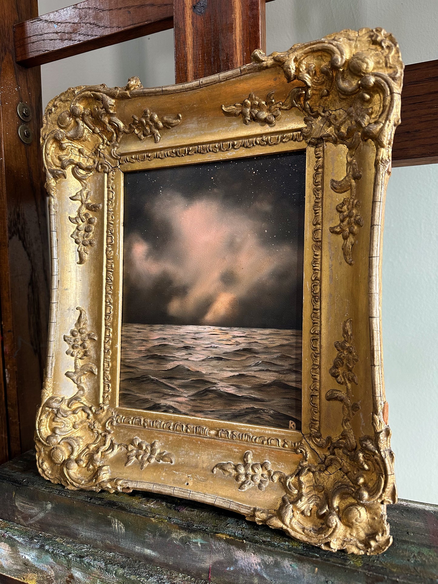 “Whisper to Her XI” Oil Painting in Antique French Frame - 14.25" x 12"