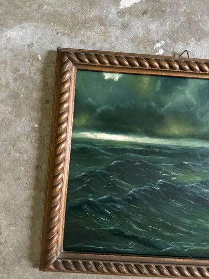 "Waves Will Push" Oil Painting in Antique Italian Frame - 15.25" x 13"