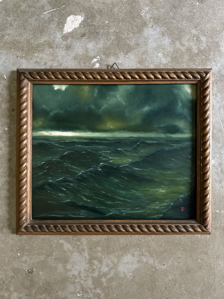 "Waves Will Push" Oil Painting in Antique Italian Frame - 15.25" x 13"
