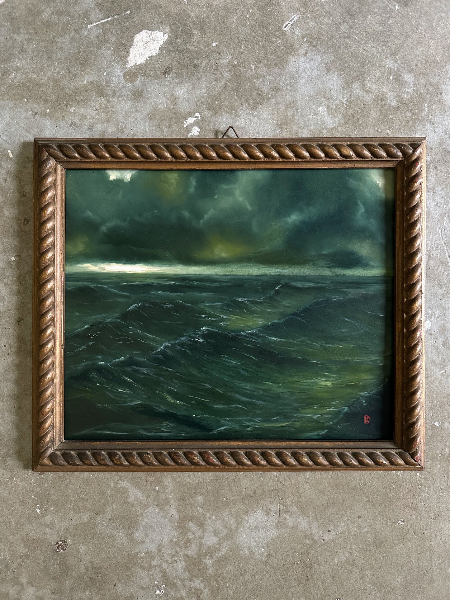 "Waves Will Push" Oil Painting in Antique Italian Frame - 15.25" x 13"