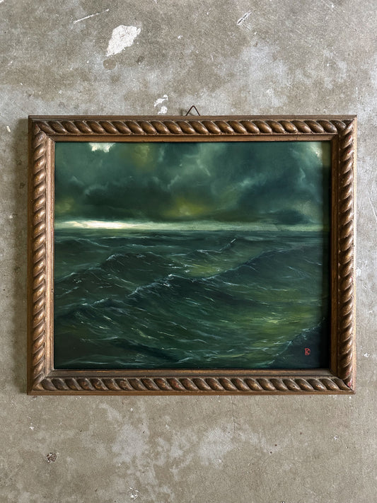 "Waves Will Push" Oil Painting in Antique Italian Frame - 15.25" x 13"