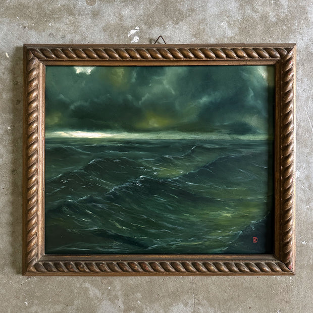 "Waves Will Push" Oil Painting in Antique Italian Frame - 15.25" x 13"