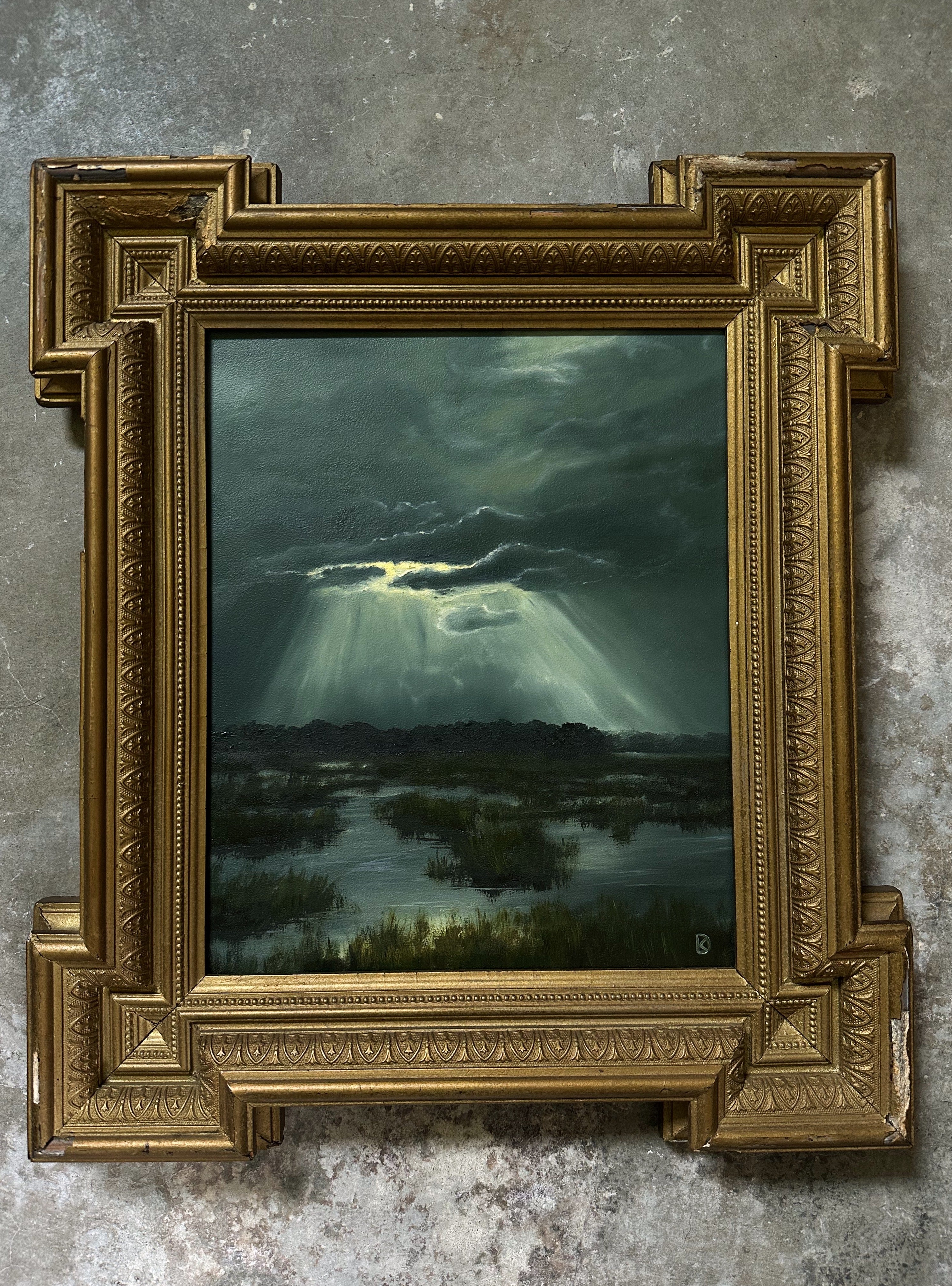 “Mutual Ground” Oil Painting in Antique Frame - 17.25