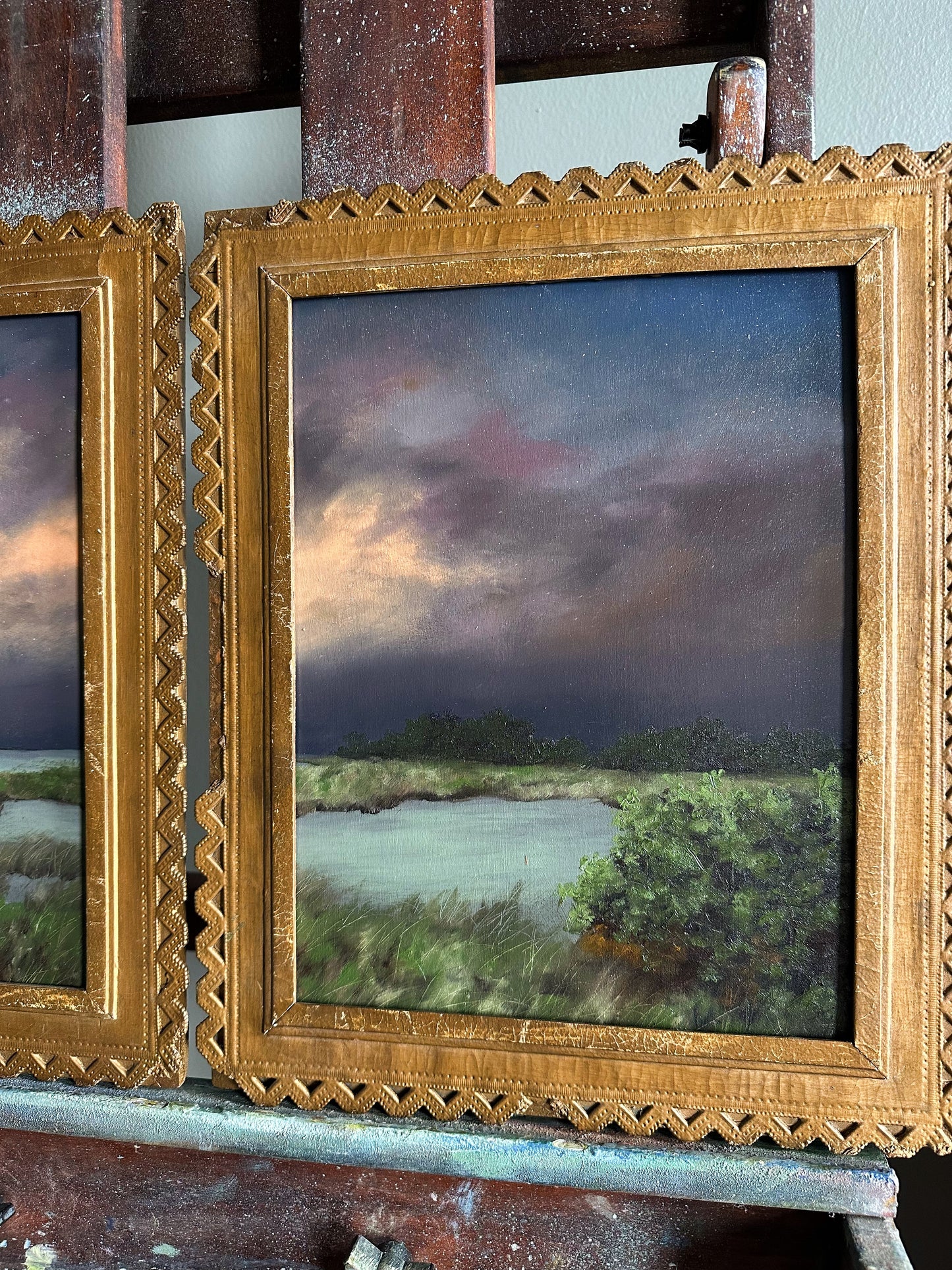 “Found You There” Antique French Framed Oil Painting Set - 12" x 14.75" ea