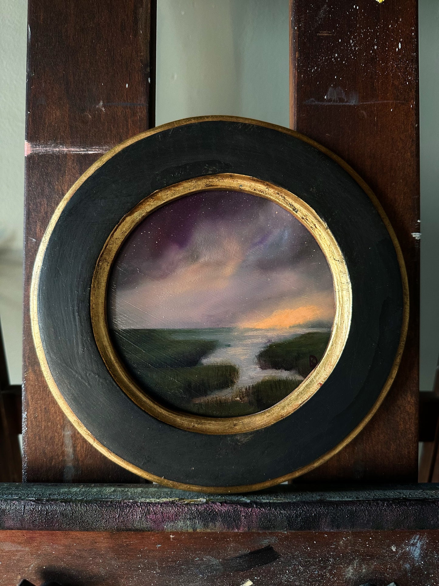 “Whisper to Her VI” Oil Painting in Venetian Frame - 8.75” Diameter