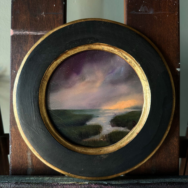 “Whisper to Her VI” Oil Painting in Venetian Frame - 8.75” Diameter