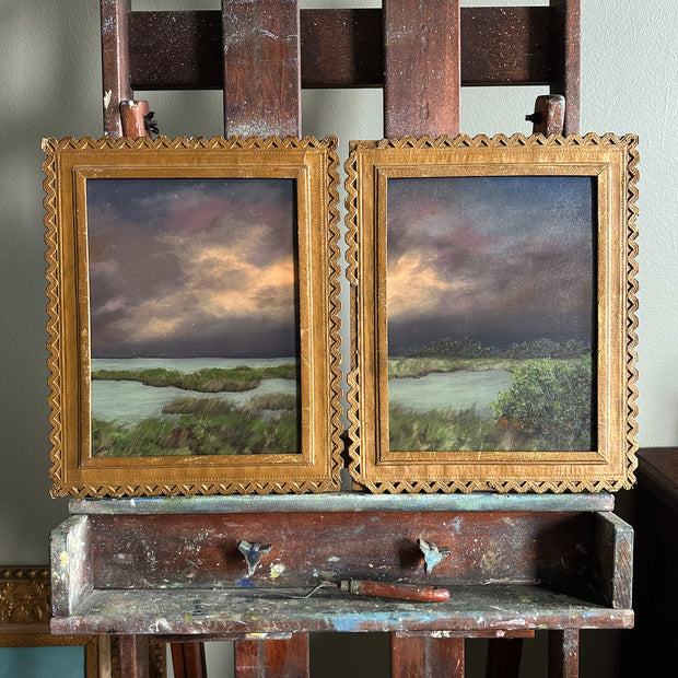 “Found You There” Antique French Framed Oil Painting Set - 12" x 14.75" ea