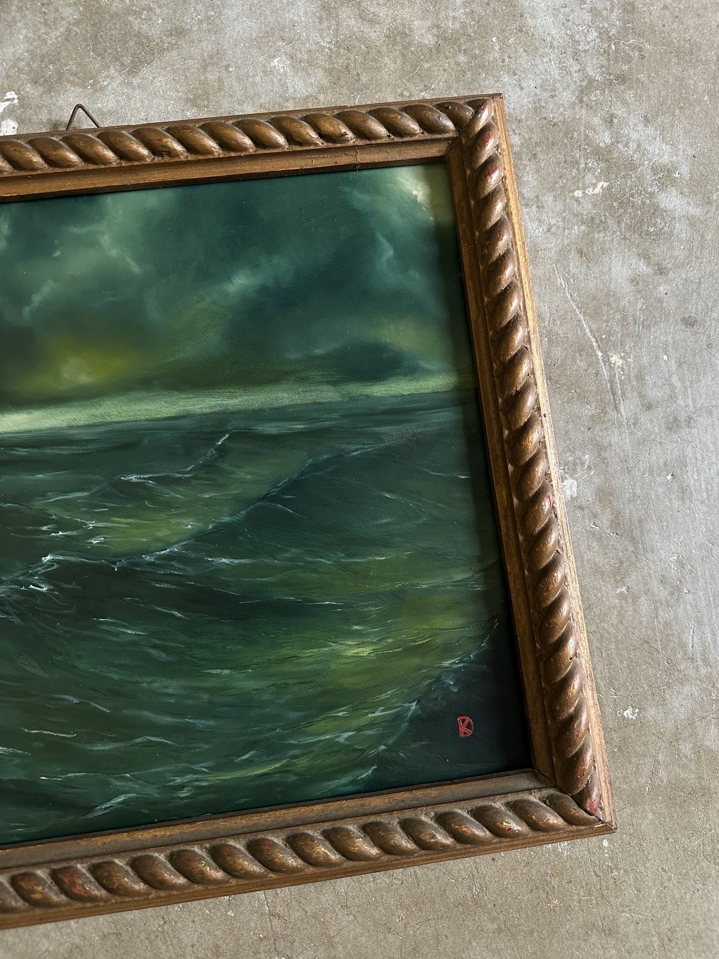"Waves Will Push" Oil Painting in Antique Italian Frame - 15.25" x 13"