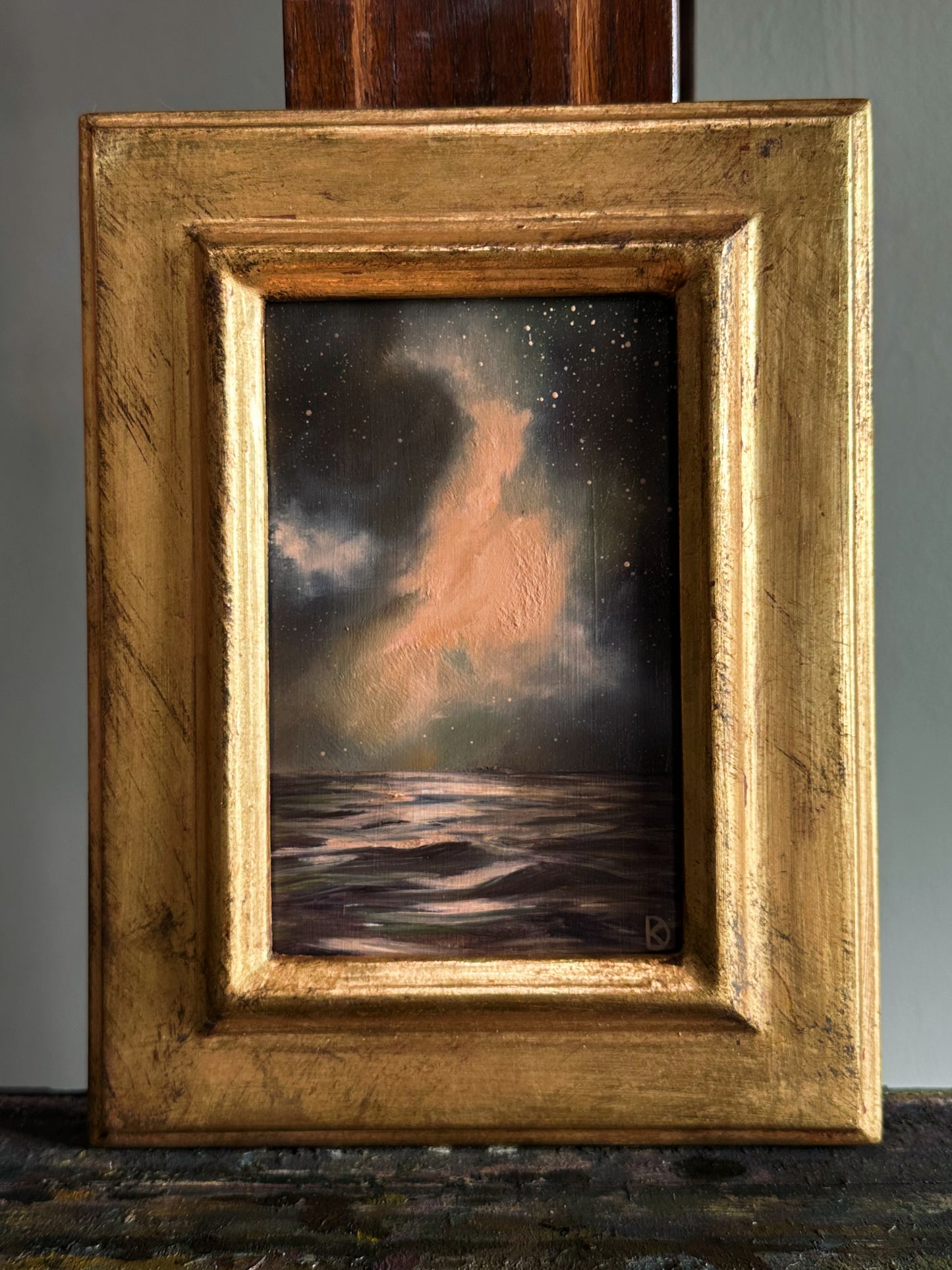 “Whisper to Her X” Oil Painting in Venetian Frame - 8.5" x 6.5"