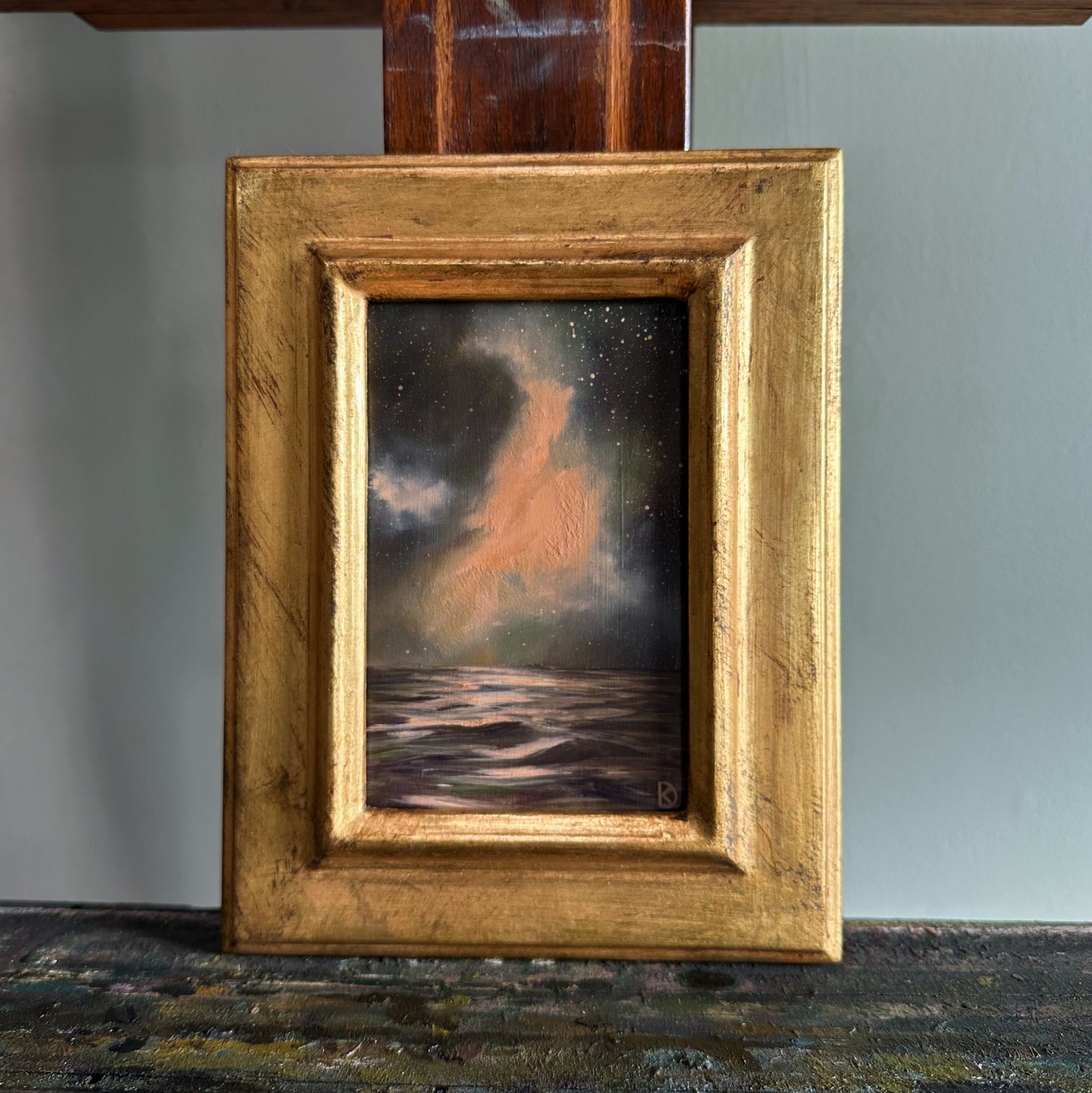 “Whisper to Her X” Oil Painting in Venetian Frame - 8.5" x 6.5"