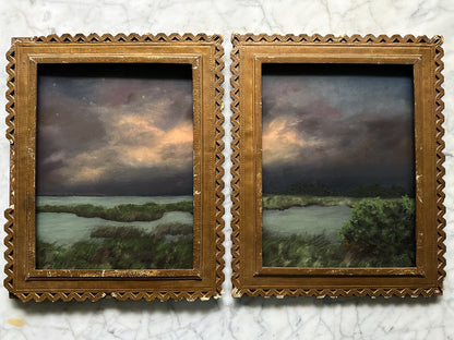 “Found You There” Antique French Framed Oil Painting Set - 12" x 14.75" ea