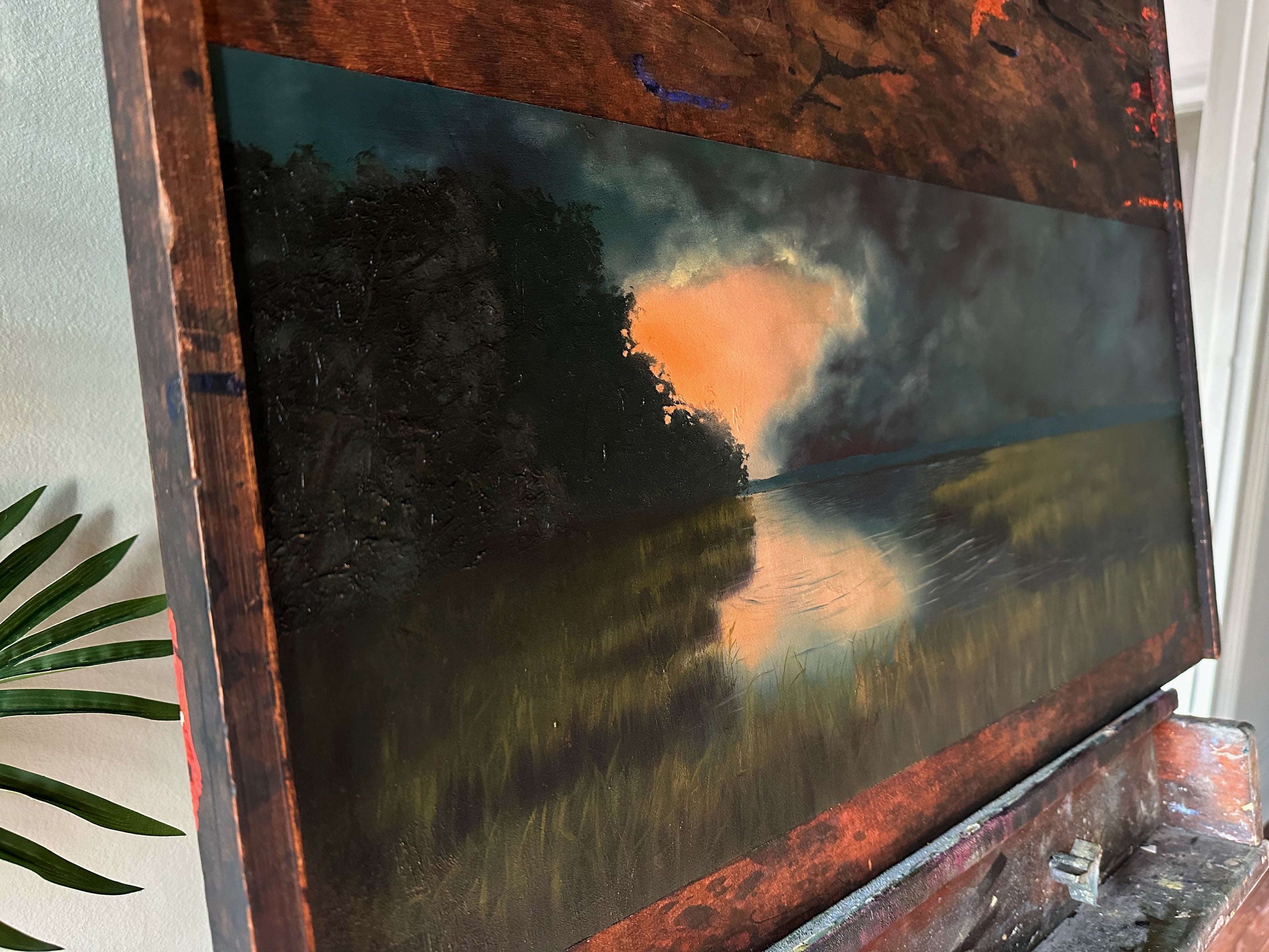 “Just Existing is Enough” Oil Painting on Antique French Printers Tray - 29” x 22.5”
