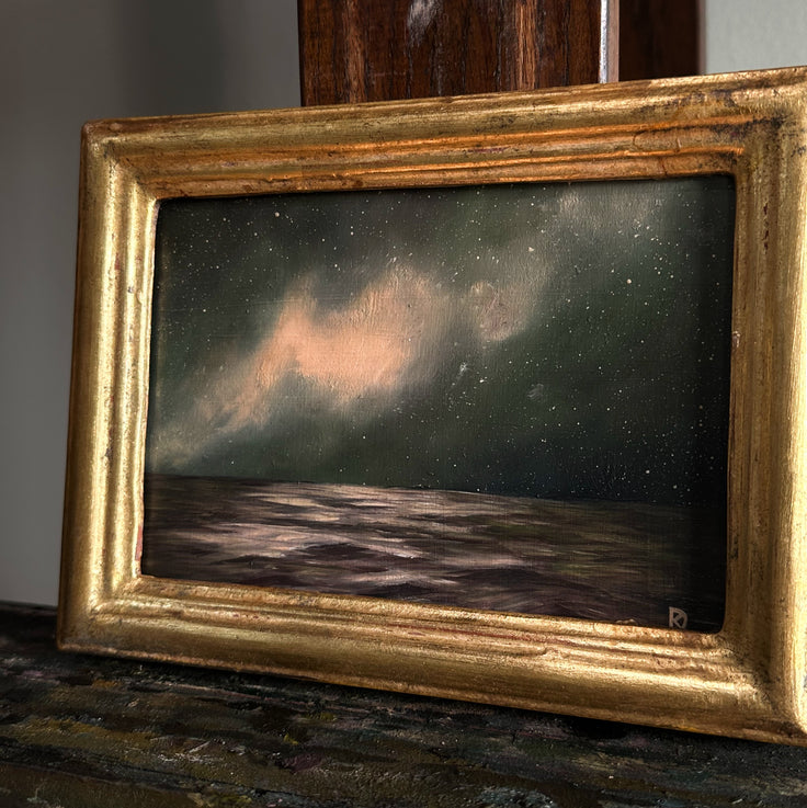 “Whisper to Her IX” Oil Painting in Venetian Frame - 7.75