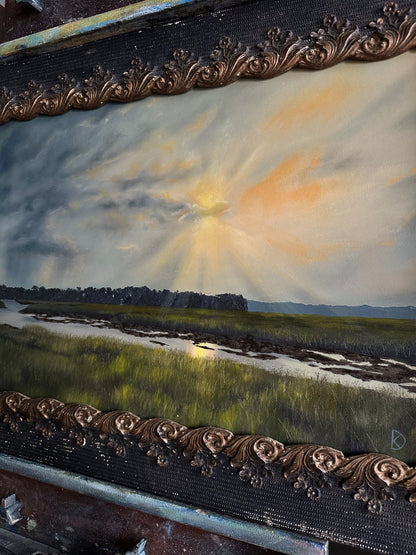 “Setting Fire” Antique Framed Oil Painting - 35” x 20”