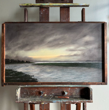 “River Finds the Sea” Oil Painting on Antique French Printers Tray - 32.3” x 19.75”