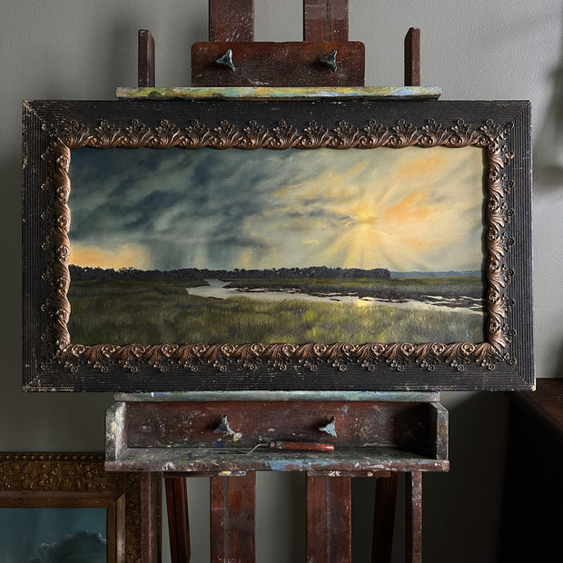 “Setting Fire” Antique Framed Oil Painting - 35” x 20”