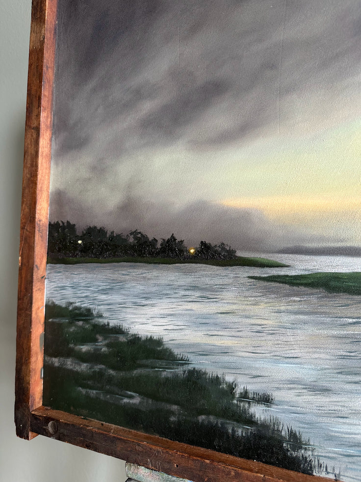 “River Finds the Sea” Oil Painting on Antique French Printers Tray - 32.3” x 19.75”